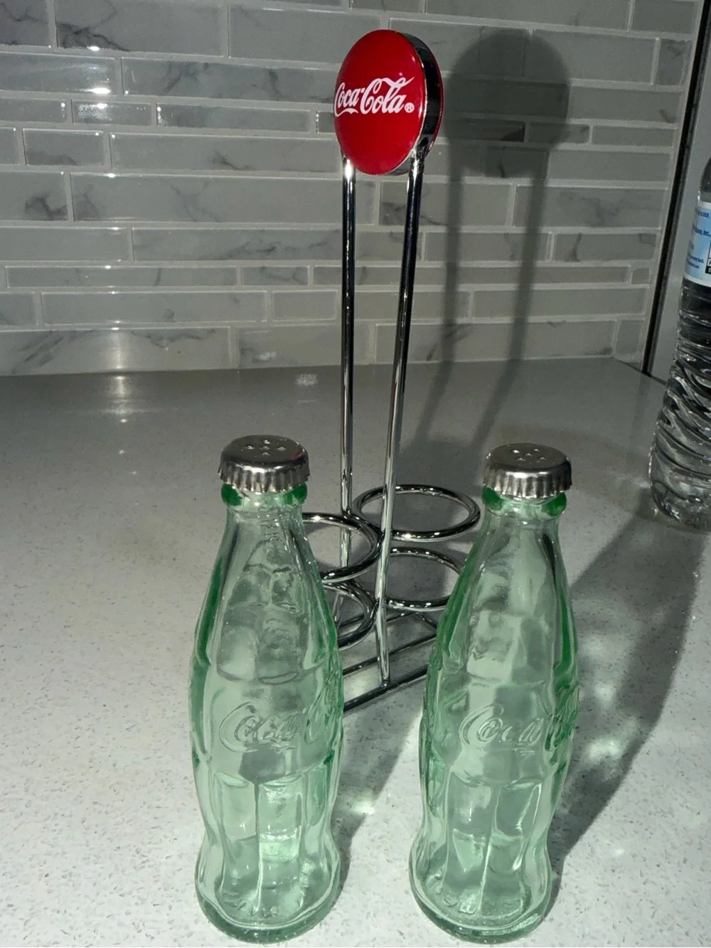 Coca Cola Green Glass Bottle Salt & Pepper Shakers with Chrome Rack